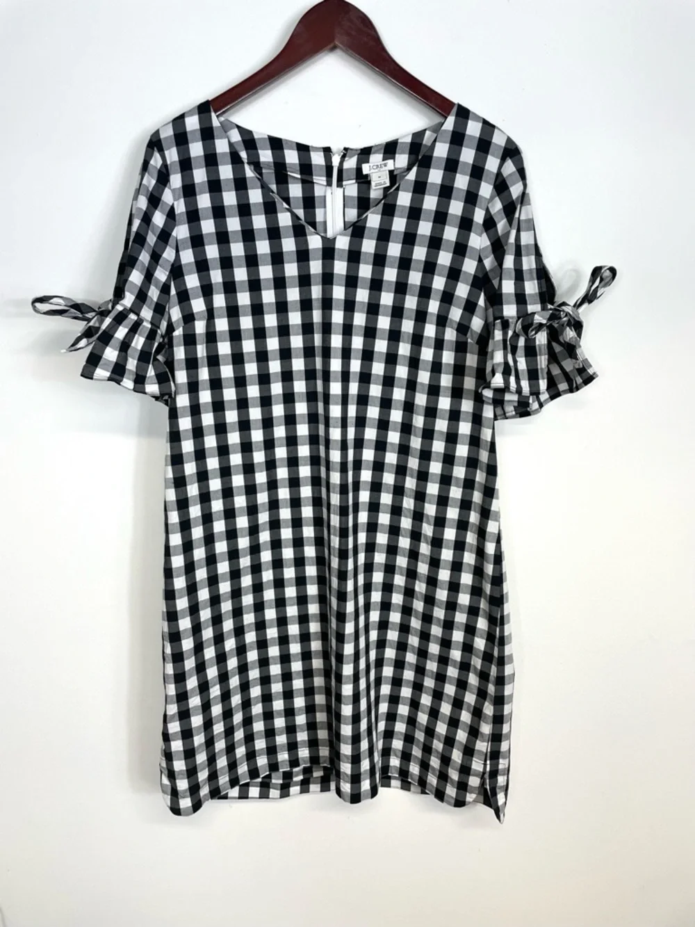 J. Crew Black and White Gingham Shift Dress w/ Tie Sleeves Size Medium
